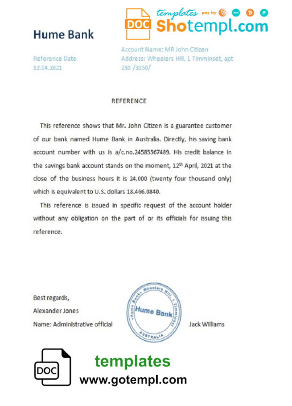 editable template, Australia Hume bank reference letter template in Word and PDF format