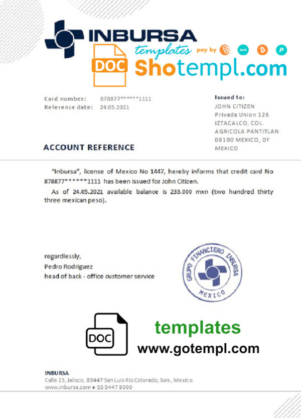 editable template, Mexico Inbursa bank reference letter template in Word and PDF format