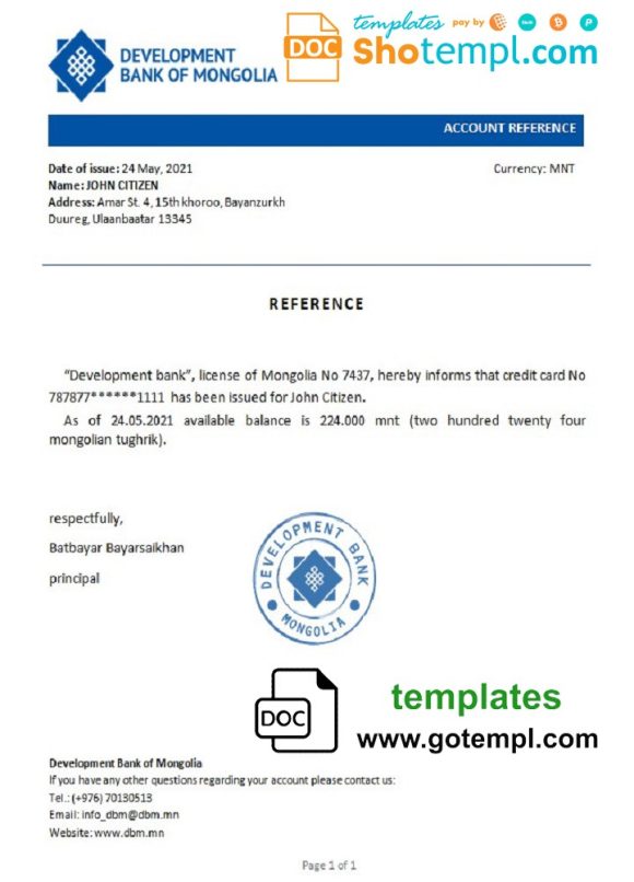 editable template, Mongolia Development Bank of Mongolia bank reference letter template in Word and PDF format