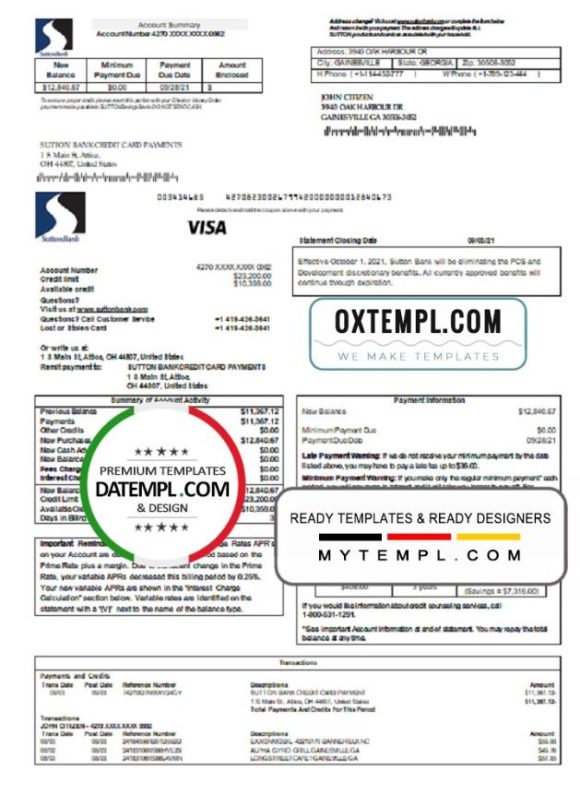editable template, USA Sutton bank credit card statement template in Word and PDF format