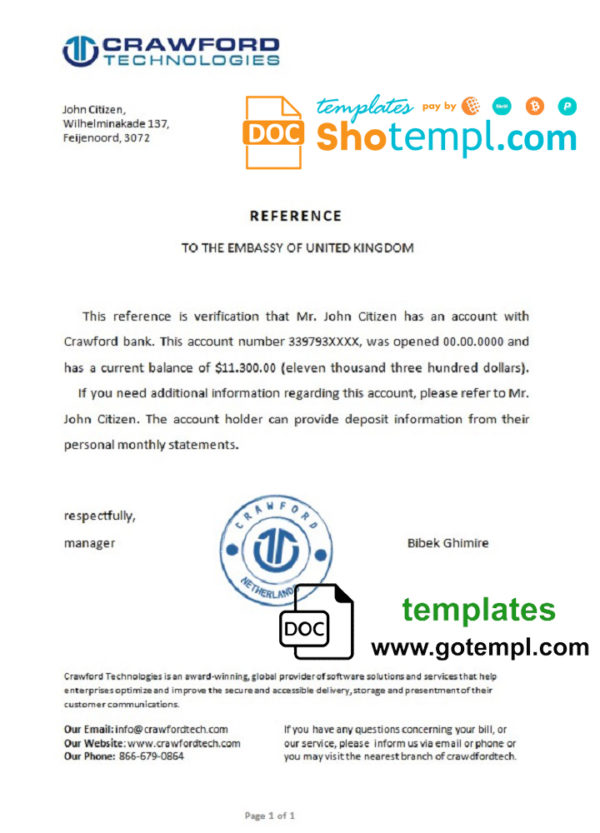 editable template, Netherlands Crawford certificate template in Word and PDF format