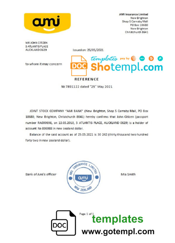 editable template, New Zealand Ami bank account reference letter template in Word and PDF format