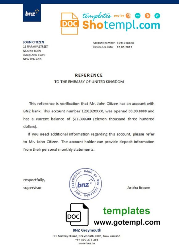 editable template, New Zealand BNZ bank account reference letter template in Word and PDF format