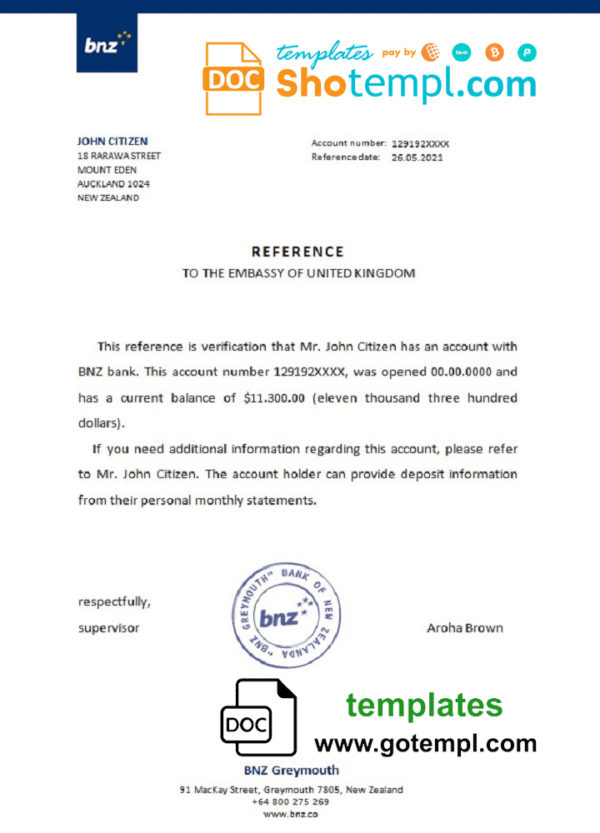 editable template, New Zealand BNZ bank account reference letter template in Word and PDF format