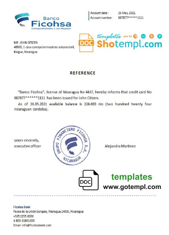 editable template, Nicaragua Banco Ficohsa bank account reference letter template in Word and PDF format