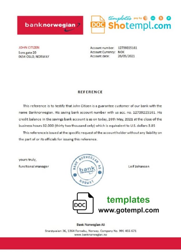 editable template, Norway Bank Norwegian bank account reference letter template in Word and PDF format