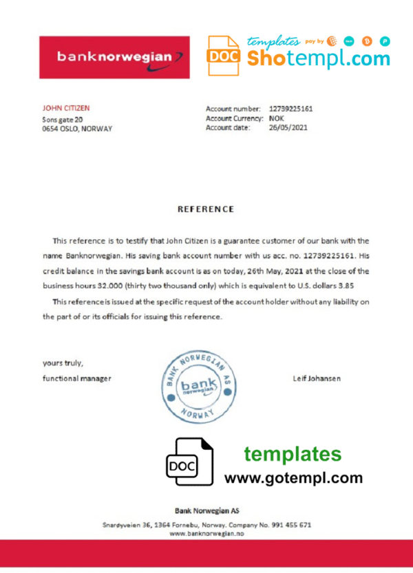 editable template, Norway Bank Norwegian bank account reference letter template in Word and PDF format