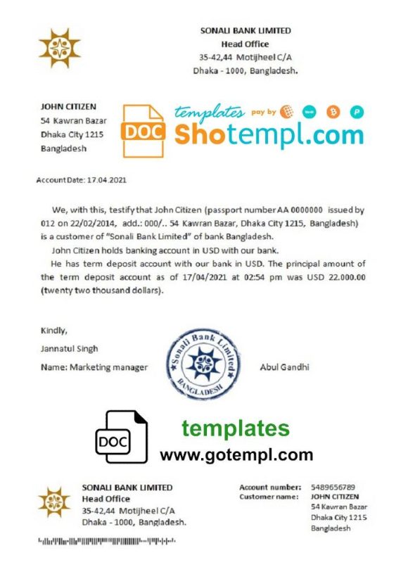 editable template, Bangladesh Sonali Bank bank account reference letter template in Word and PDF format