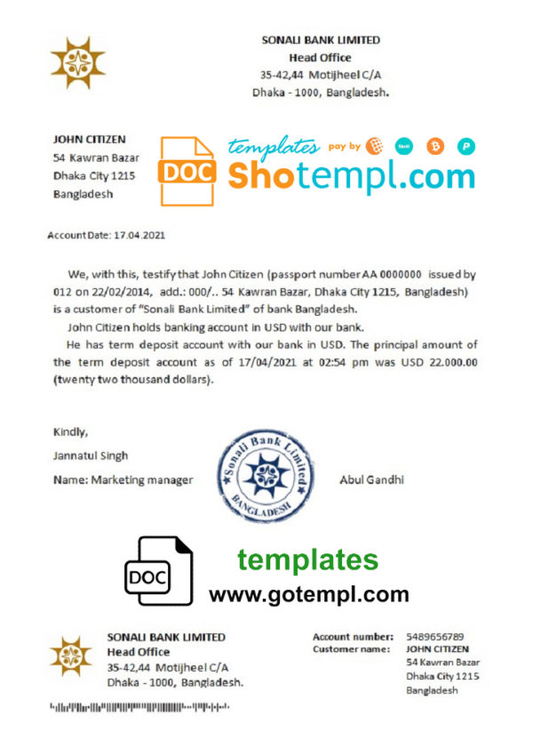 editable template, Bangladesh Sonali Bank bank account reference letter template in Word and PDF format