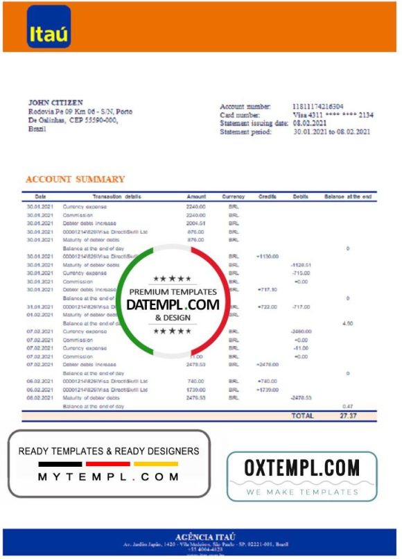 editable template, Brazil Itau bank statement template in Word and PDF format, fully editable