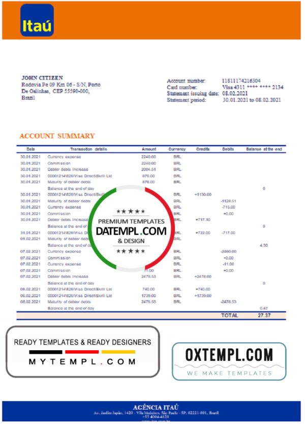 editable template, Brazil Itau bank statement template in Word and PDF format, fully editable