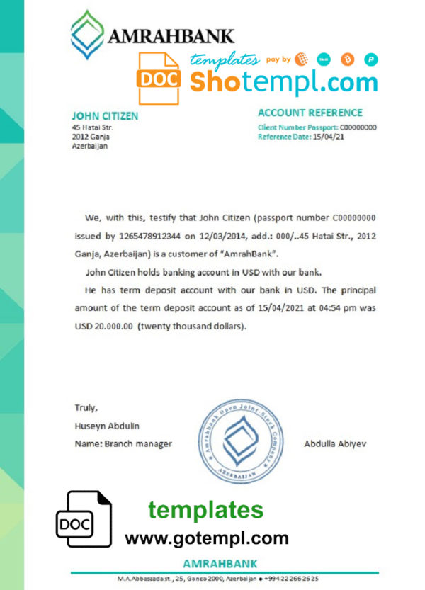 editable template, Azerbaijan Amrahbank bank reference letter template in Word and PDF format