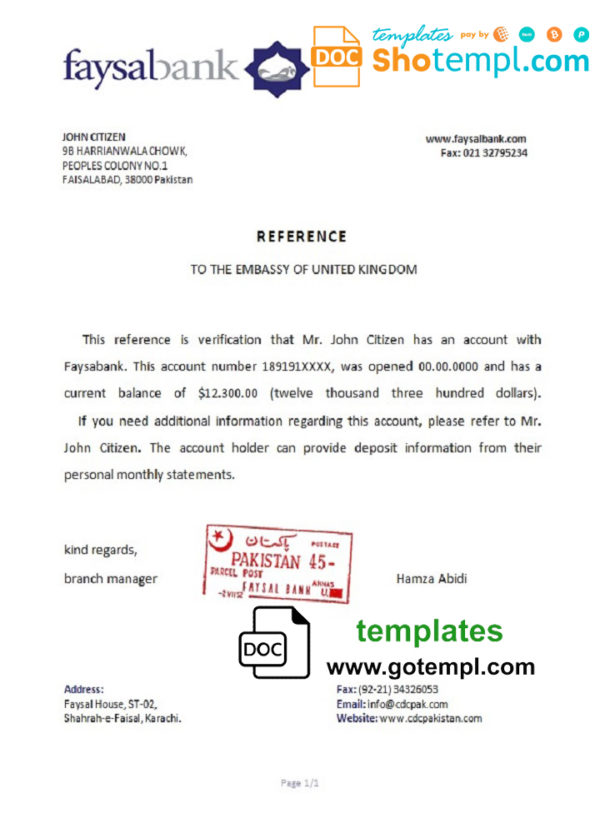 editable template, Pakistan Faysalbank bank account reference letter template in Word and PDF format
