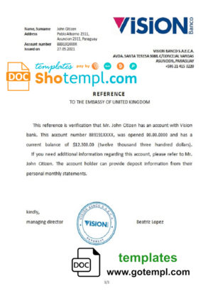 Paraguay Vision Banco bank account reference letter template in Word and PDF format