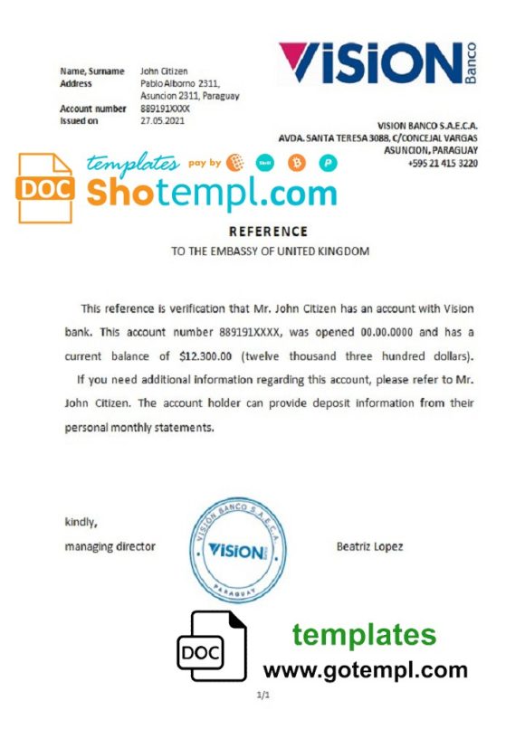 editable template, Paraguay Vision Banco bank account reference letter template in Word and PDF format