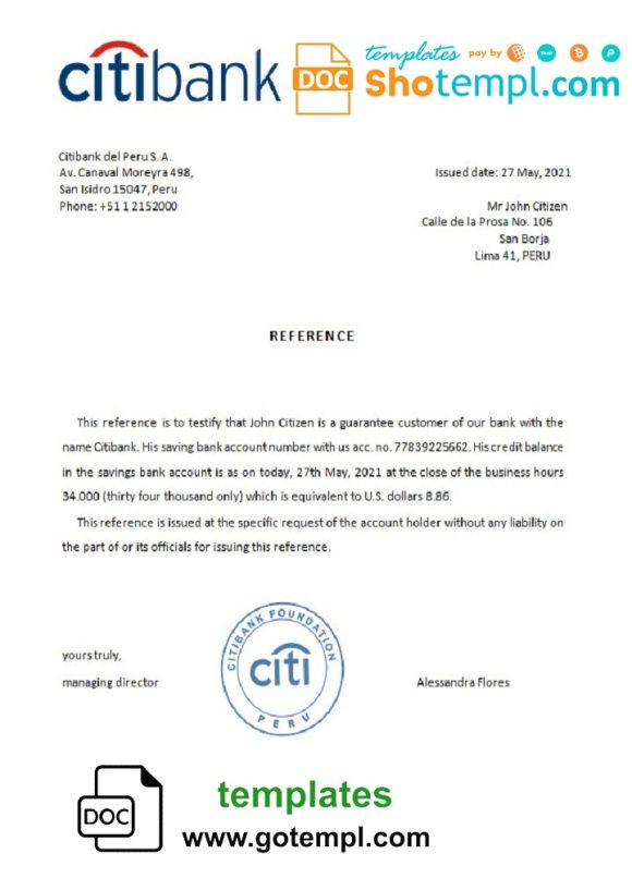 editable template, Peru Citibank bank account reference letter template in Word and PDF format