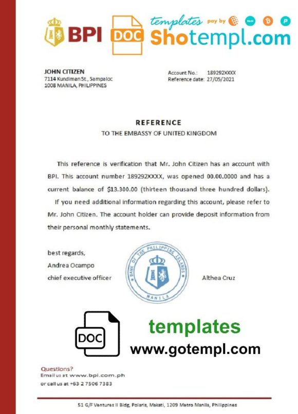 editable template, Philippines BPI bank reference letter template in Word and PDF format