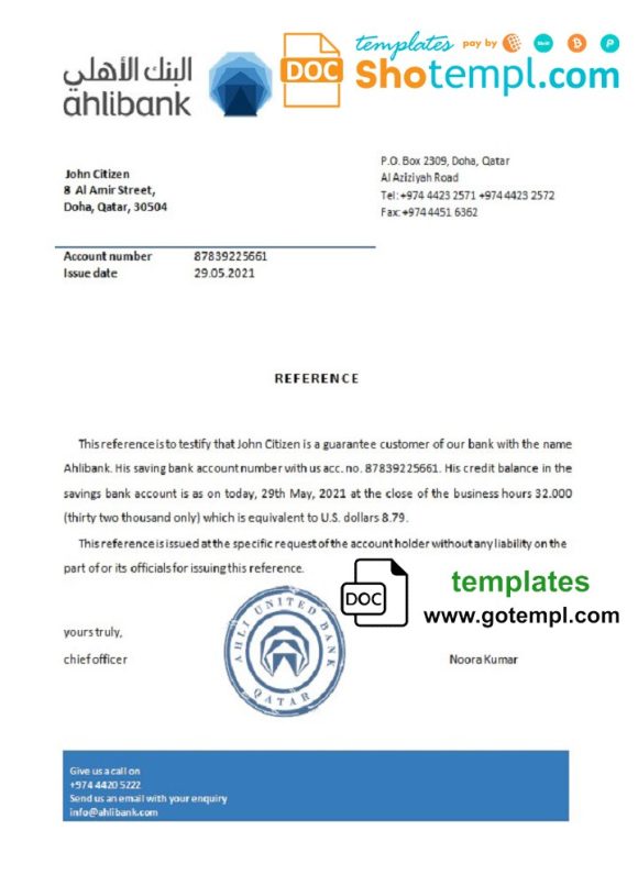 editable template, Qatar Ahlibank bank account reference letter template in Word and PDF format