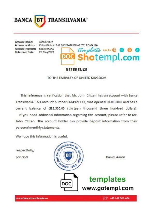 editable template, Romania Banca Transilvania bank account reference letter template in Word and PDF format