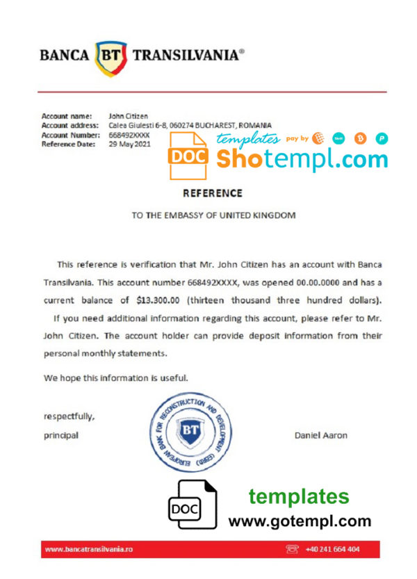 editable template, Romania Banca Transilvania bank account reference letter template in Word and PDF format