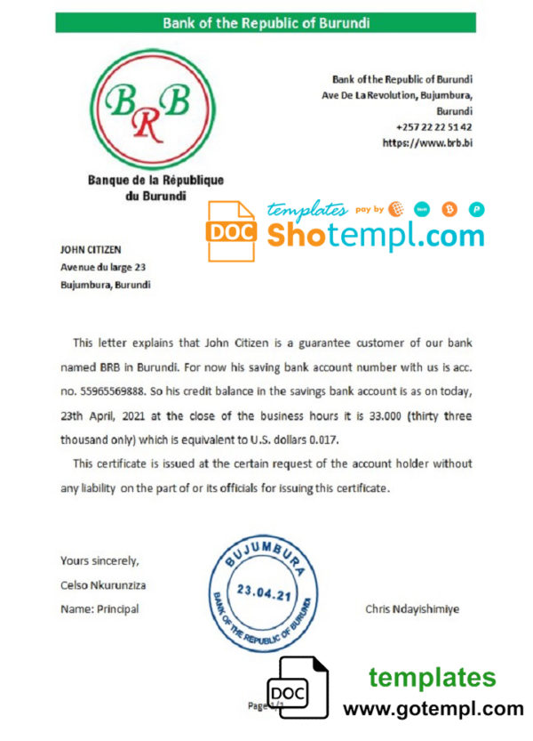 editable template, Burundi The Republic Bank of Burundi bank account reference letter template in Word and PDF format