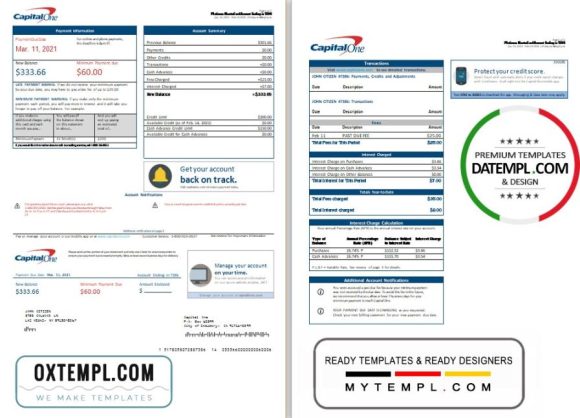 editable template, USA Capital One bank statement template in Word and PDF format (2 pages) version 3