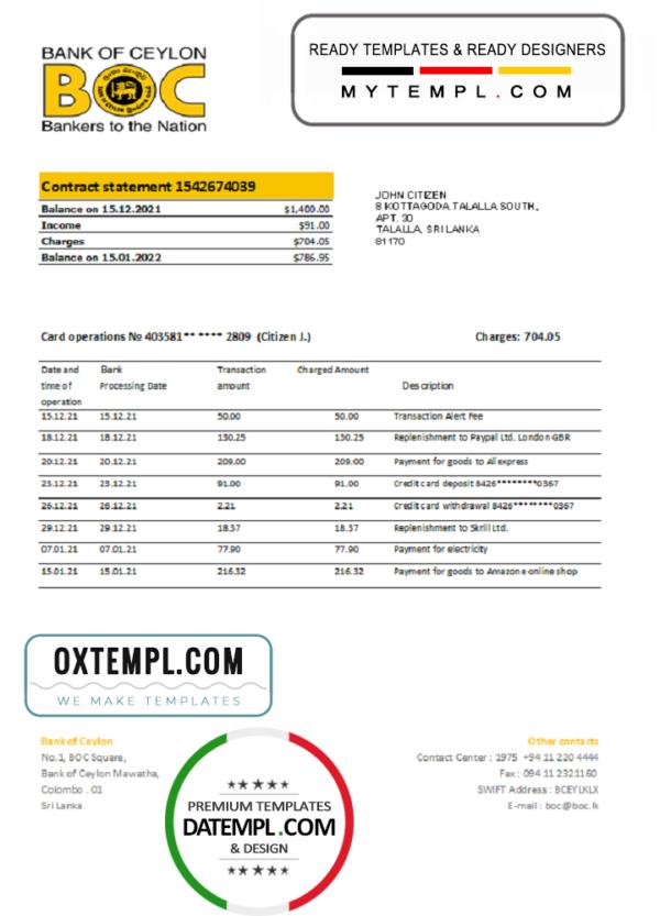 editable template, Sri Lanka Bank of Ceylon bank statement easy to fill template in .xls and .pdf file format