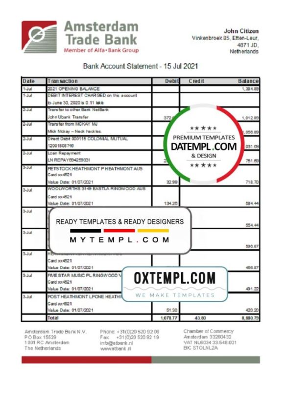 editable template, Netherlands Amsterdam Trade Bank statement template in Excel and PDF format