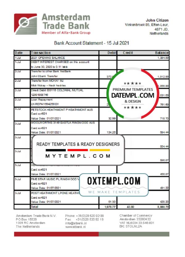 editable template, Netherlands Amsterdam Trade Bank statement template in Excel and PDF format