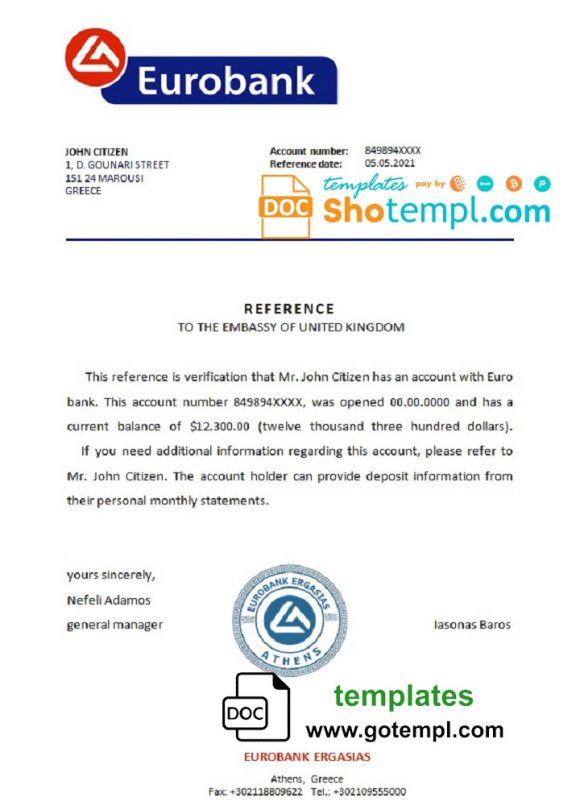 editable template, Greece Eurobank bank reference letter template in Word and PDF format