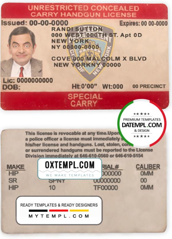editable template, United States New York state unrestricted concealed carry license template in PSD format