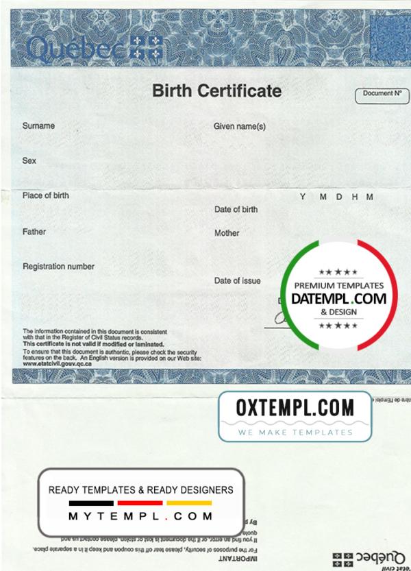 editable template, Canada Quebec Birth Certificate template in PSD format