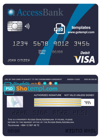 editable template, Azerbaijan Access Bank visa card debit card template in PSD format, fully editable