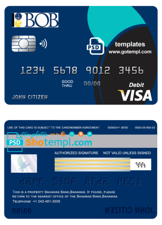 editable template, Bahamas Bank of the Bahamas bank visa card debit card template in PSD format, fully editable