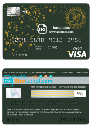 editable template, Bolivia Banco Central de Bolivia bank visa card debit card template in PSD format, fully editable