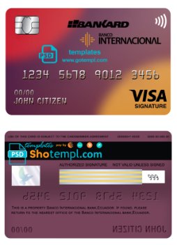 editable template, Ecuador Banco Internacional bank visa signature card template in PSD format, fully editable
