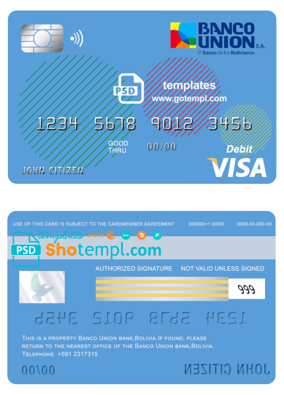 editable template, Bolivia Banco Union bank visa card debit card template in PSD format, fully editable