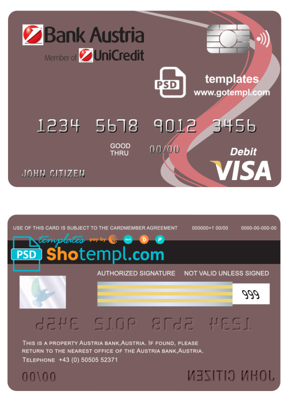 editable template, Austria Bank Austria visa card debit card template in PSD format, fully editable