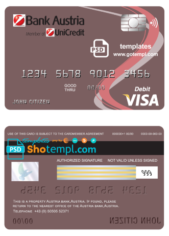 editable template, Austria Bank Austria visa card debit card template in PSD format, fully editable
