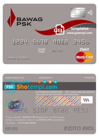 editable template, Austria BAWAG PSK bank mastercard debit card template in PSD format, fully editablc