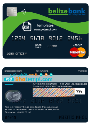 editable template, Belize Belizebank mastercard debit card template in PSD format, fully editable