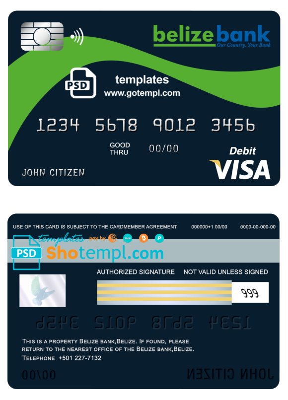 editable template, Belize Belizebank visa card debit card template in PSD format, fully editable