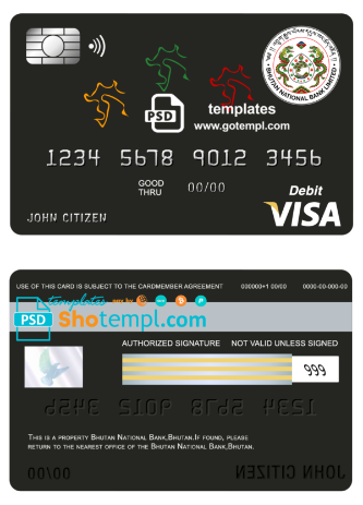 editable template, Bhutan National Bank visa card debit card template in PSD format, fully editable