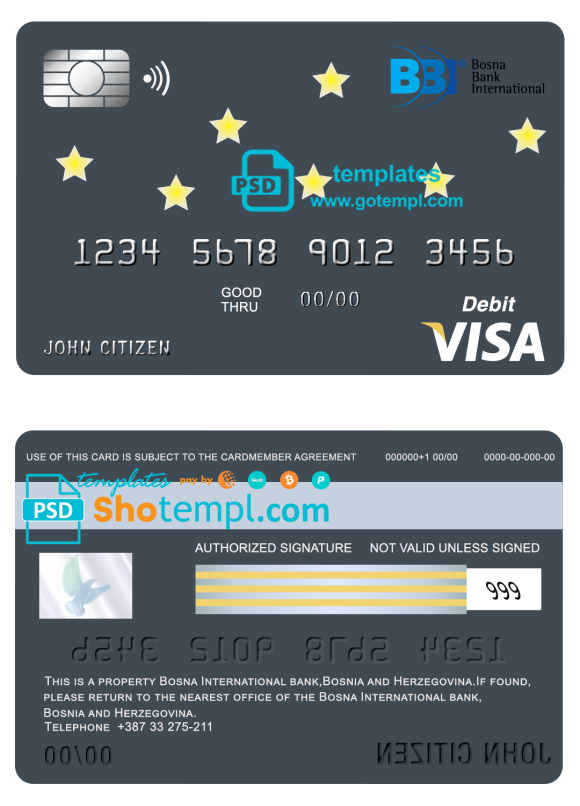 editable template, Bosnia and Herzegovina Bosna Bank International bank visa card debit card template in PSD format, fully editable