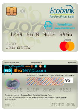 editable template, Burkina Faso Ecobank bank mastercard debit card template in PSD format, fully editable