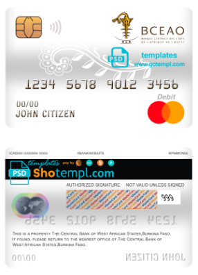 editable template, Burkina Faso The Central Bank of West African States bank mastercard debit card template in PSD format, fully editable