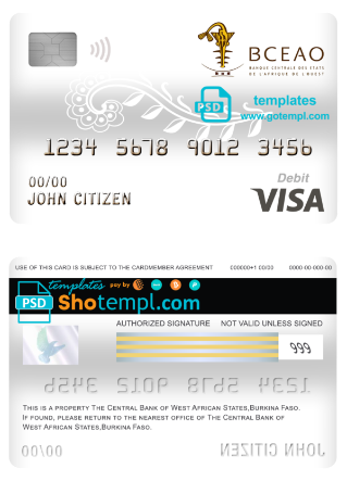 editable template, Burkina Faso The Central Bank of West African States bank visa card debit card template in PSD format, fully editable