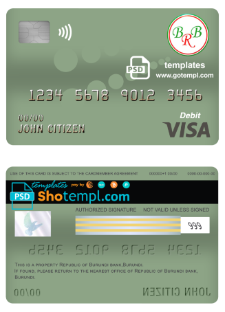 editable template, Burundi Bank of the Republic of Burundi visa card debit card template in PSD format, fully editable