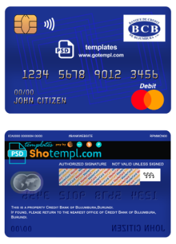 editable template, Burundi Credit Bank of Bujumbura bank mastercard debit card template in PSD format, fully editable