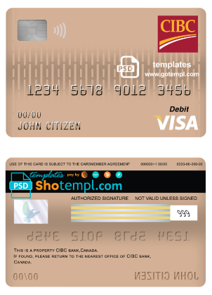 editable template, Canada CIBC bank visa card debit card template in PSD format, fully editable